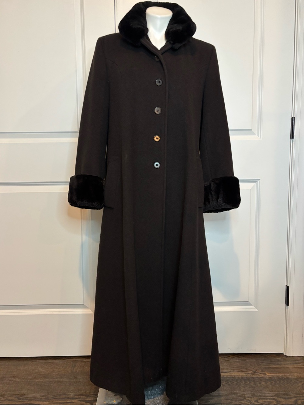 S Searle Vintage Chocolate Brown Wool Angora Fur Trim Long Dress Coat 6